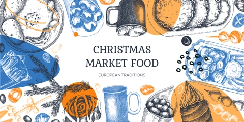 Traditional European Christmas market food sketches collection. Fast food menu design elements. Vintage hand-drawn vector illustration. Bakery, pastry, sweets, grilled meat, hot drinks sketches.